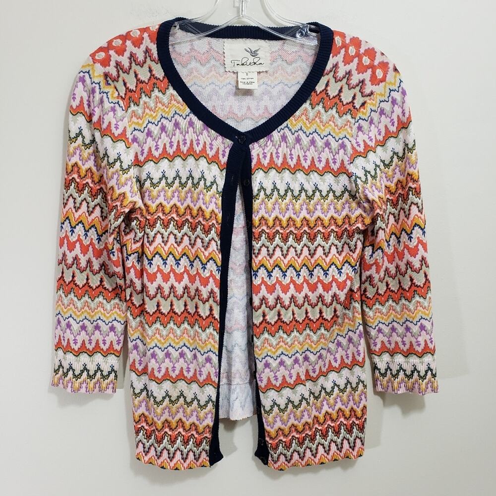 Tabitha colorful lightweight 3/4" sleeve zigzag pattern button up cardigan sz S‎